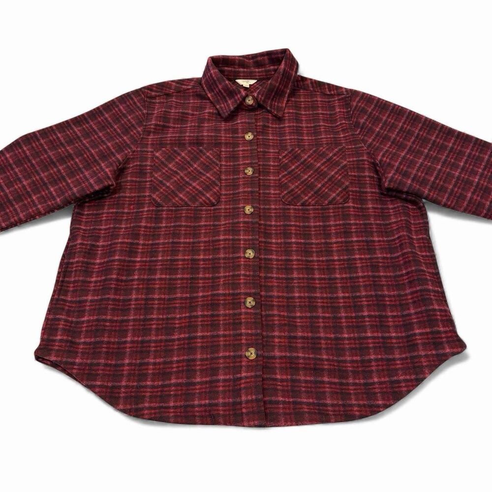Terra & Sky Women's Shacket Shirt Size 2X Burgundy Plaid Button Up Heavy Yarn